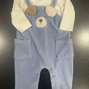 Mayoral White and Blue LS Faux Overall Outfit with Puppy on front 6-9 mo. 🐶